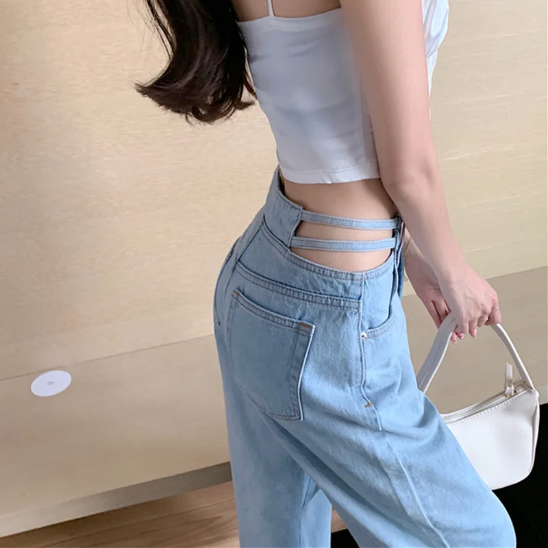 

Women Jeans High Waist Hollow Out Wide Leg Sexy Slim Females Solid Leisure Chic Trendy Loose All-match Street Cool Fashion New