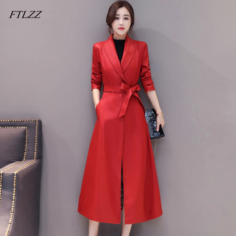 FTLZZ New Women Genuine Sheepskin Jacket Autumn Winter Long Jackets Thicken Genuine Leather Coat  Office Lady Trench Outerwear