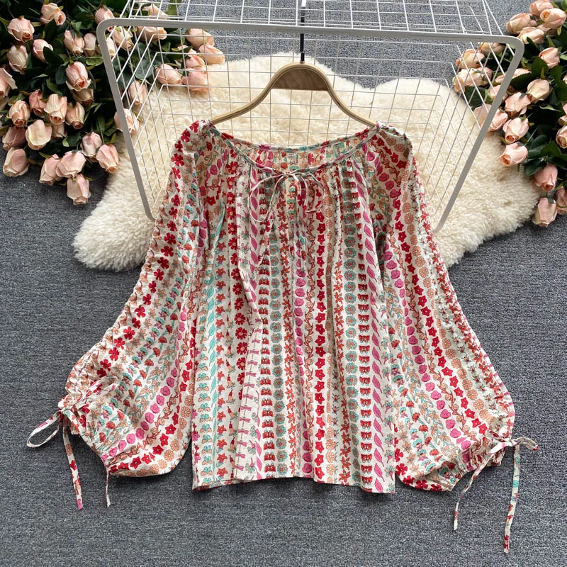 

2021 Summer Fashion New Blouse Women's Age Reduction Round Neck Puff Sleeve Blusa Print Pullover Shirt GL199