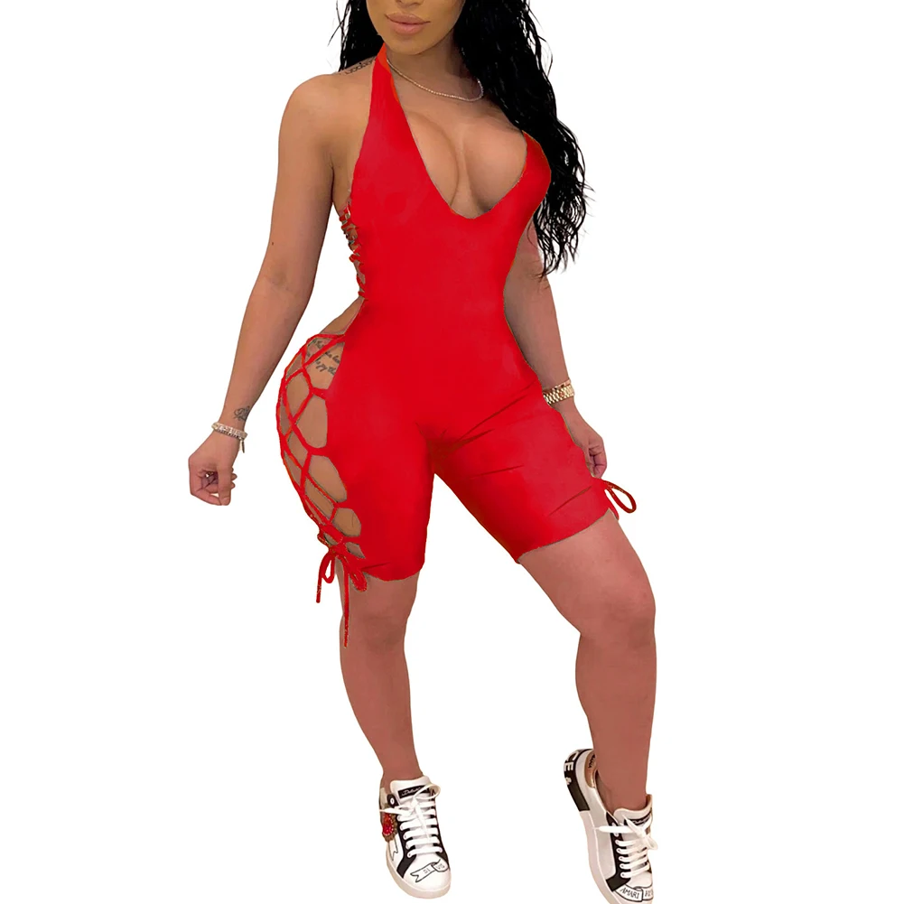 

Women Solid Color Sexy Backless Sleeveless Deep V Halter Romper Lace-up Jumpsuit