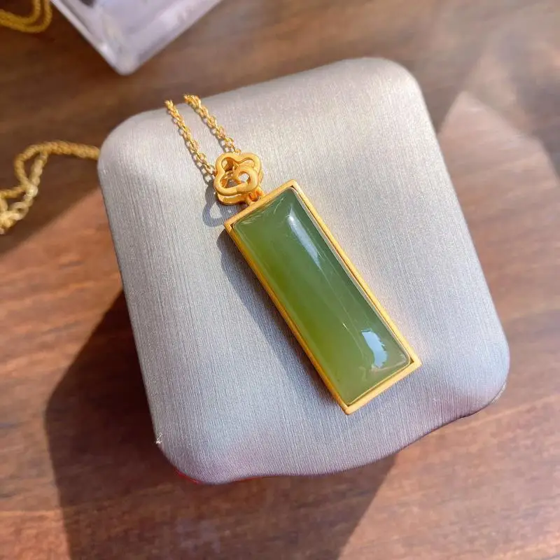

Simple Fashion Long Board Lucky Pendant Pendant S925 Sterling Silver Gilding Craft Inlaid Natural Hetian Jade Gray Jade Necklace