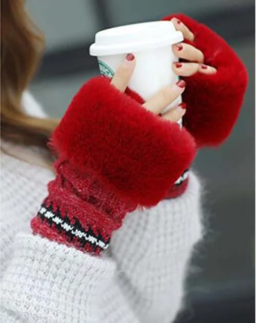 Red gloves Зимняя шапка с кроличьим мехом, перчатки, шарф, наборы, утолщенная плюшевая шерсть, теплая шапка s, женская вязаная шапка, уличная ветрозащитная Ушная Лоскутная широкий берет-Боб - Цвет: Red gloves