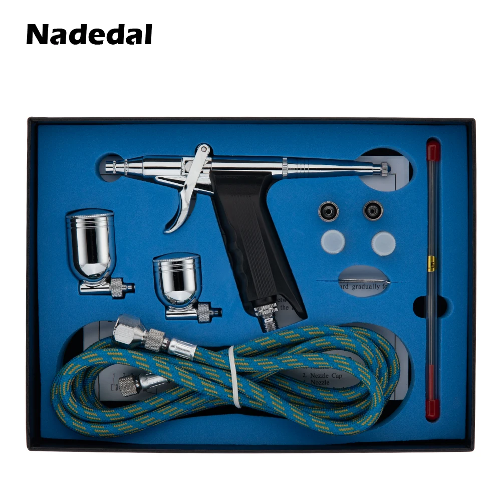 Распылитель краски Nasedal airbrush Пистолет двойного действия со шлангом 3 наконечника