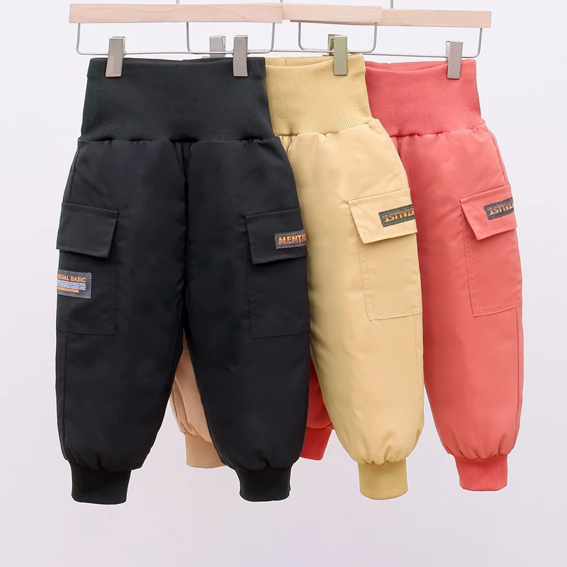 

Детские Пуховые брюки, утепленные теплые брюки-карго с эластичной высокой талией, зимние брюки для мальчиков и девочек, детская одежда