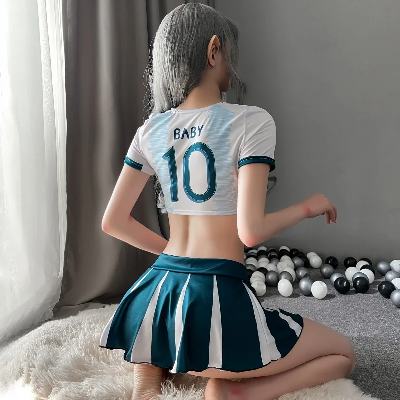 

Football Baby Sports 2021 Hot Sexy Short Sleeve Show Belly Korean Cosplay O Neck T Shirt Tees + Mini Fold Pleated Mini Skirt D2J