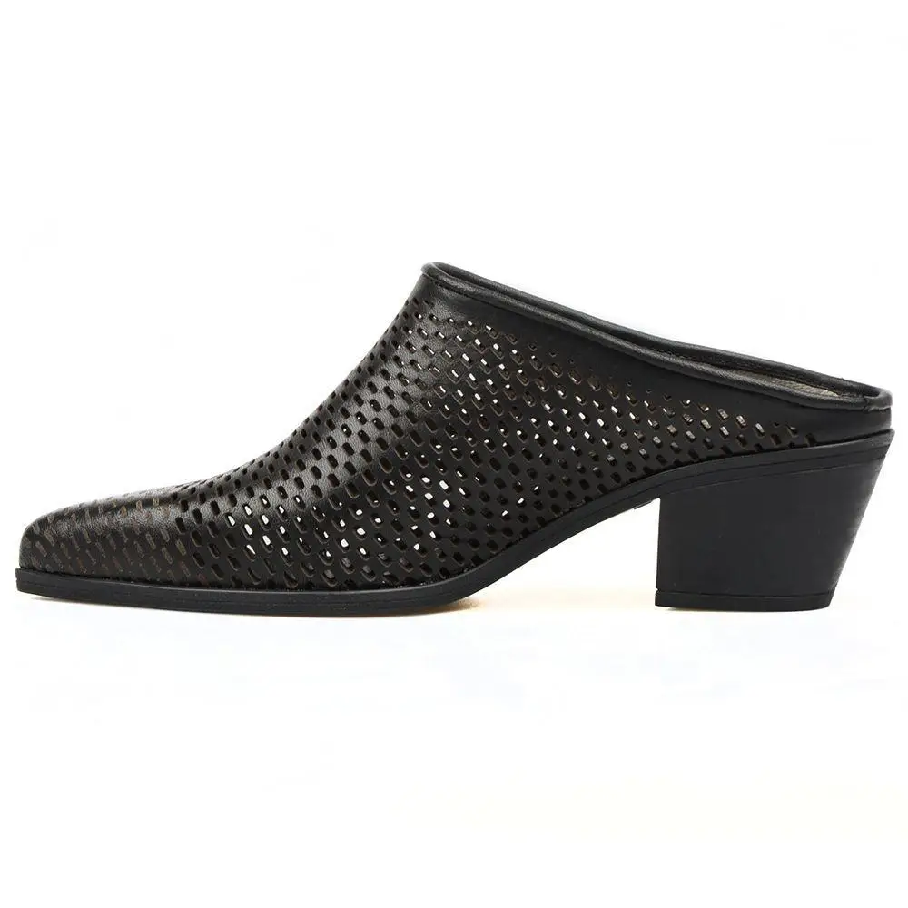 FootCourt- Black Genuine Leather Pointed Toe women's Slippers Low Heel Spring Summer Slip On Sandals New Fashion Flip Flops