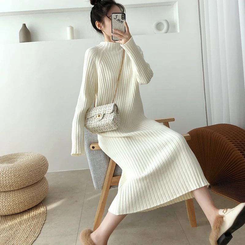 

Korean Sweet Round Neck Ladies Sweater Midi Dresses For Women Solid Long Sleeve Loose Knitted Vestidos Winter Bottoming Dress