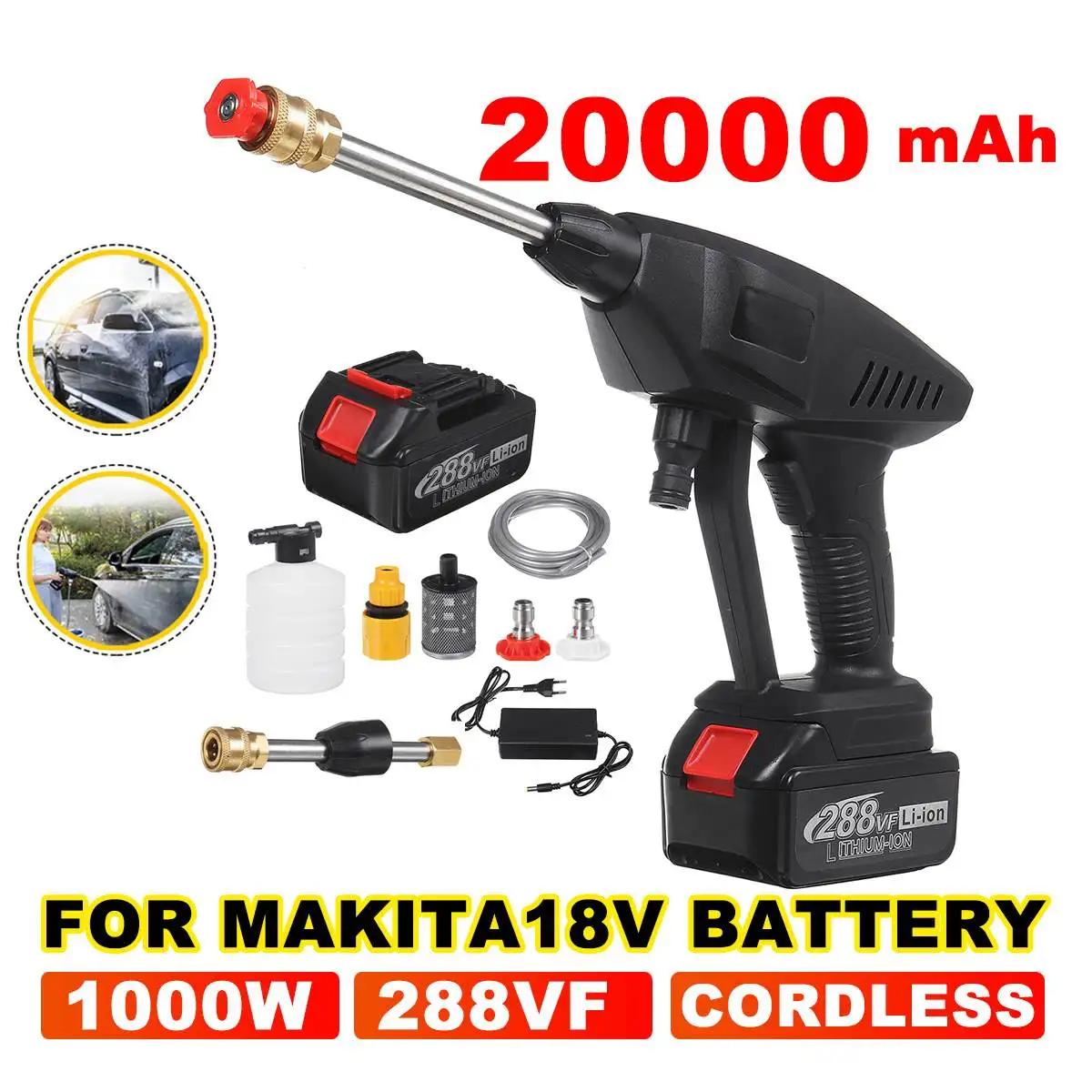 288VF 1000W Car Washer 30BAR Wireless Portable High Pressure Car Wash Water Gun Foam Generator For Makita Battery