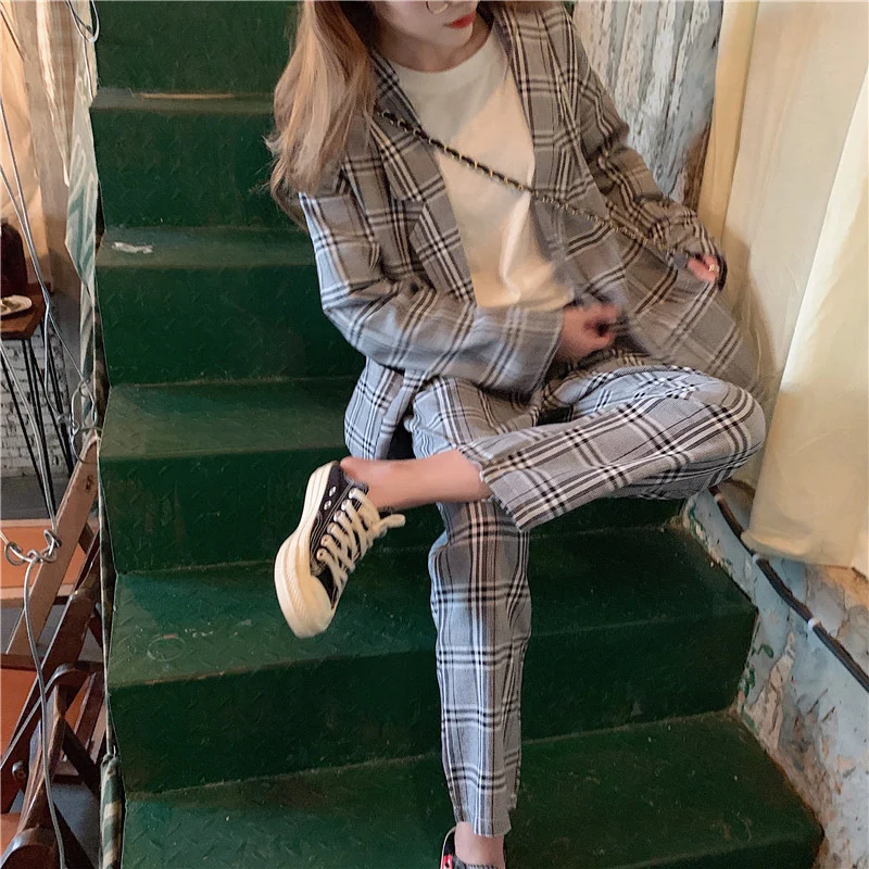 

2020 Summer Casual Women's Pant Suit Oversized Long Blazer+Elastic Waist Plaid Pencil Pant Vintage Ladies Blazers Suit 2 Piece