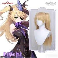 uwowo game genshin impact fischl cosplay wig long straight hair clipponytail golden 70cm for girl women heat resistant