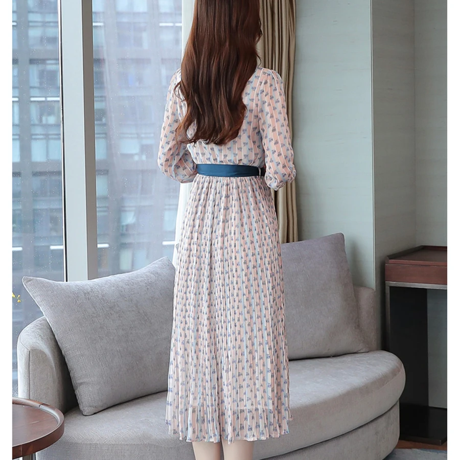

Autumn Winter Print Long Sleeve Dress 2021 Femal Vintage Pink Floral Chiffon Midi Dresses Elegant Women Bodycon Party Vestidos