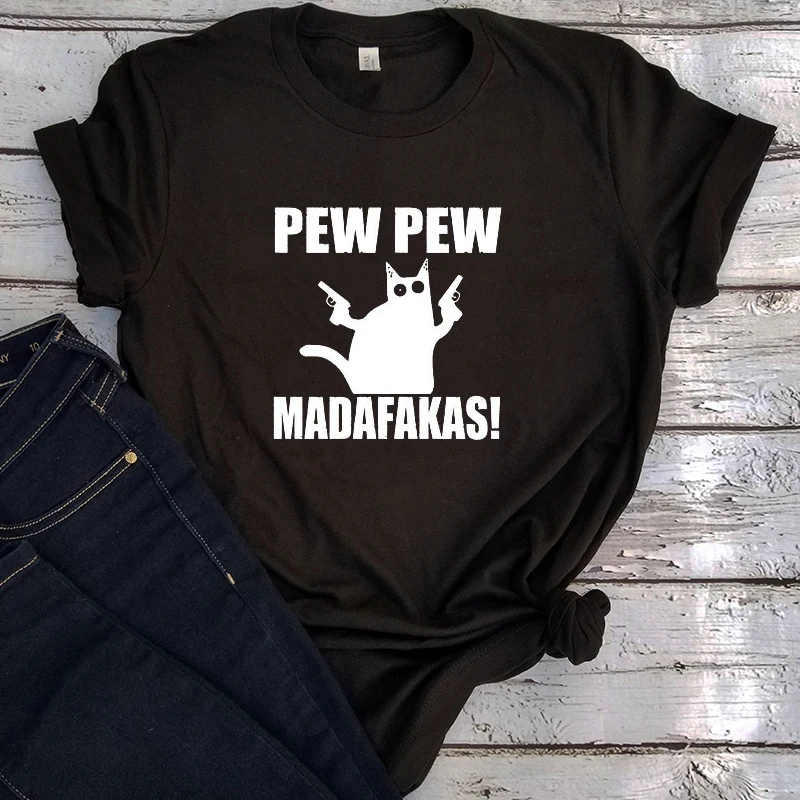 

Funny Crazy Cat Lover Shirt 2021 Cool Cat Tshirt Women Vintage Shooting Cat Gothic Punk Clothes Cartoon O-Neck Tops