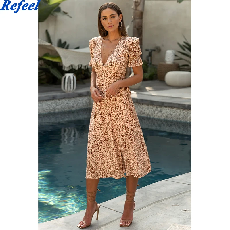 

Женское винтажное платье миди с цветочным принтом, V-образным вырезом и коротким рукавом