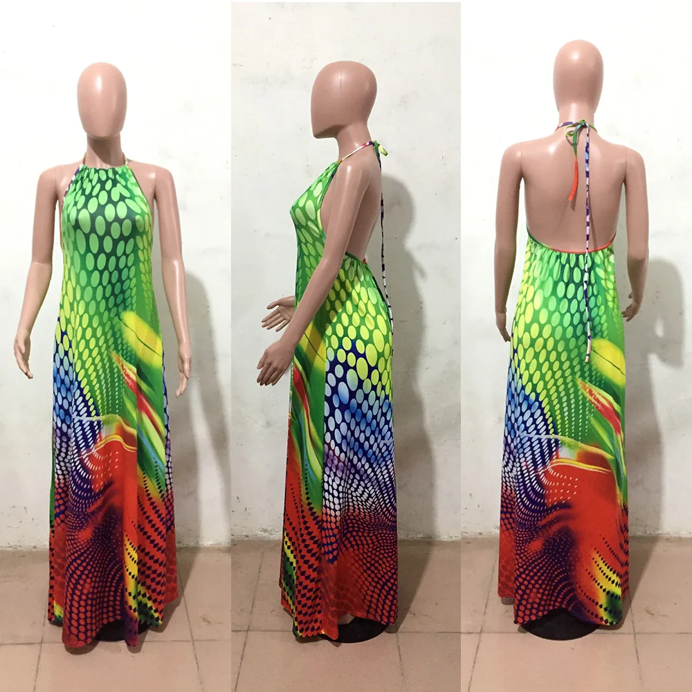 Зеленое длинное женское платье без рукавов сексуальное с лямкой на шее и