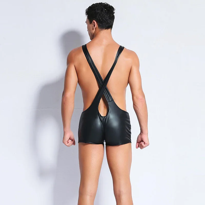 

2021 Mens Patent Leather Bodysuit Wresting Suit Undershirts Sexy Clubwear Jockstraps Underwear Tight-Fitting Lace-Up Jumpsuit