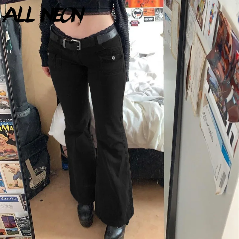 

ALLNeon 90s Streetwear Vintage Pockets Trim Low Rise Jeans Y2K Aesthetics Retro Full Length Black Denim Flare Pants Women Slim