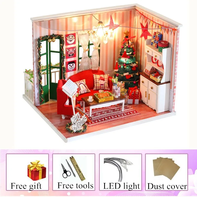 house and dust cover С рождественской елкой DIY деревянный кукольный дом игрушки кукольный домик миниатюрная коробка набор ручной работы кукольный домик как дети Рождество/подарок на день рождения - Цвет: house and dust cover