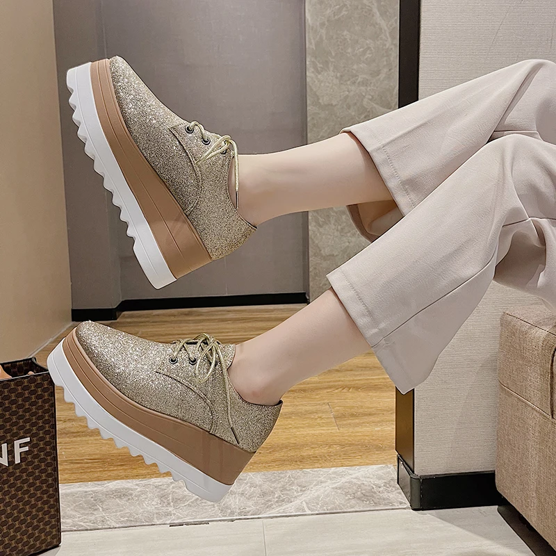 

Ladies Platform Shoes 2021 Autumn Thick Bottom Increase Vulcanized Shoes Lace-up Platform Shoes Fashion Sequins Casual Shoes
