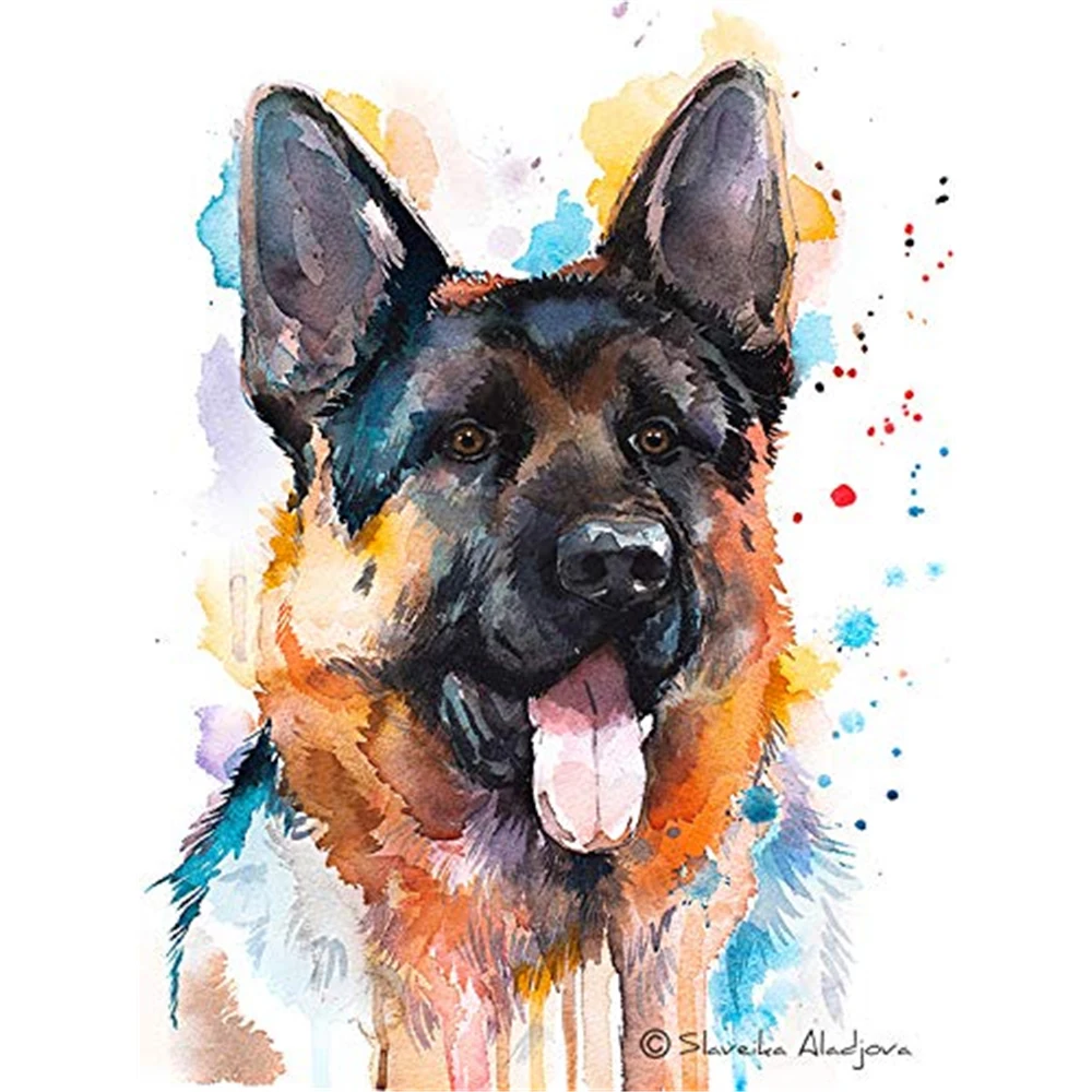 Живопись крестом "Животное - немецкая овчарка" на растворимом в воде холсте 11CT для вышивки DMC нитками. Декоративная работа.