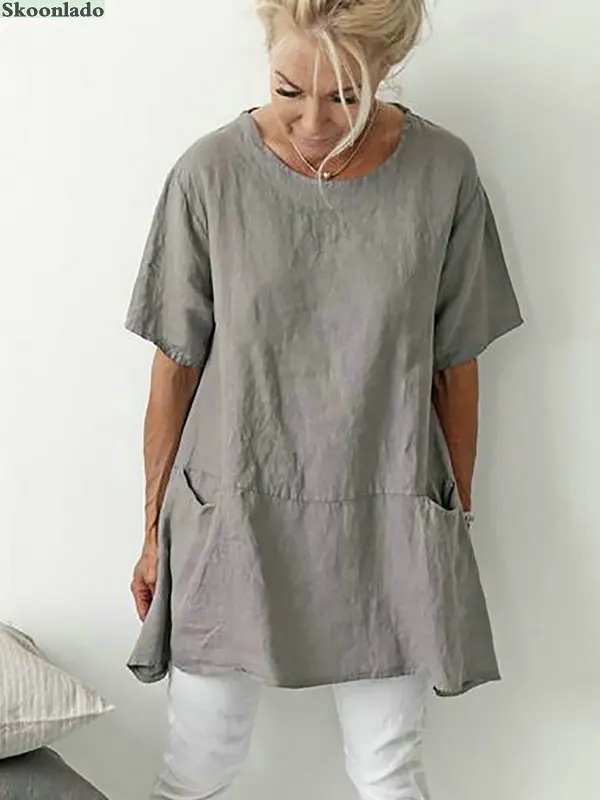 

Plus size women cotton linen tops Summer Women's Shirt Loose Large Size Round Neck Short Sleeve Pocket Tops female clothes good