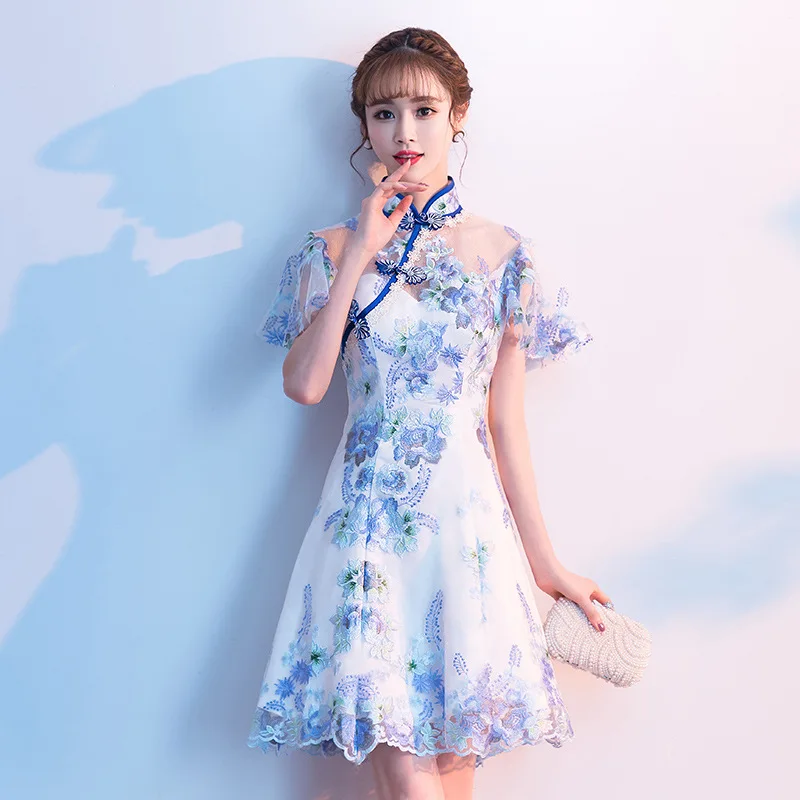 

S-4XL Lady Exquisite Vintage Button Trim Qipao Elegant Floral Embroidery Novelty Cheongsam Sweet Pink Short A-Line Dress