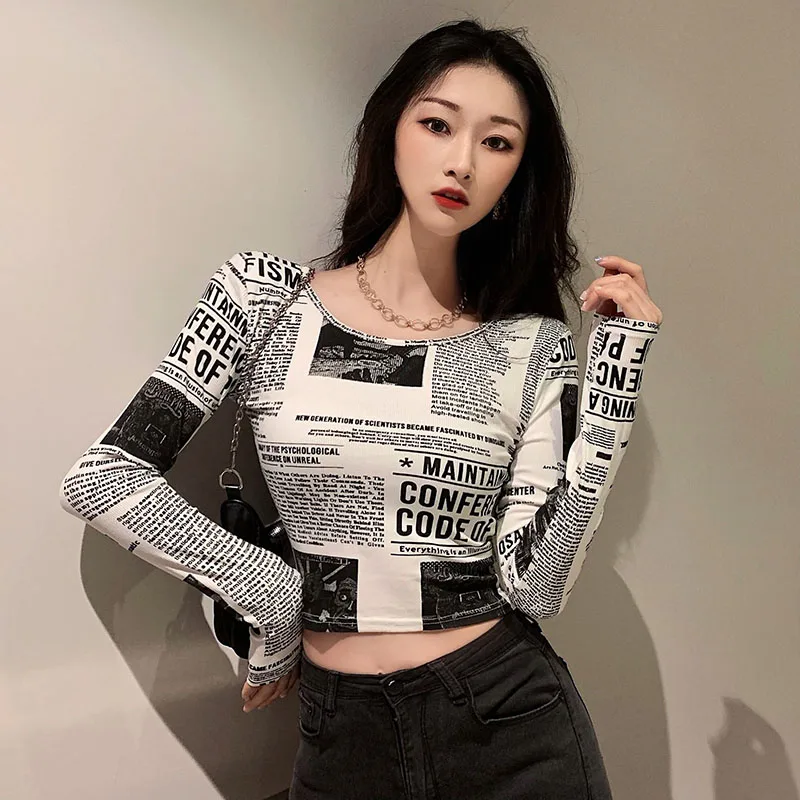 

Autumn O-neck Skinny Y2k Tops Woman Tshirts Long Sleeve Slim Female Newspaper Printing Tees Ladies Crop Top Fashion New