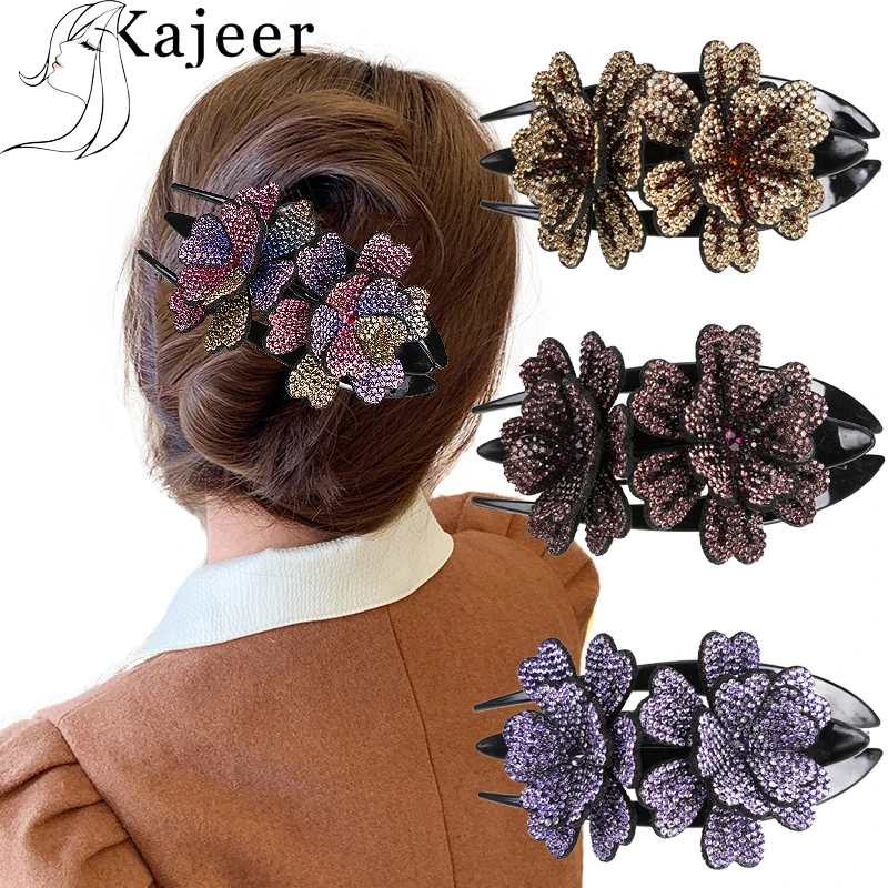 

Kajeer Double Flower Rhinestone Hairpin Ponytail Vintage Hairpin Hair Crab Hair Accessories for Women Elegant Headdress Headwear