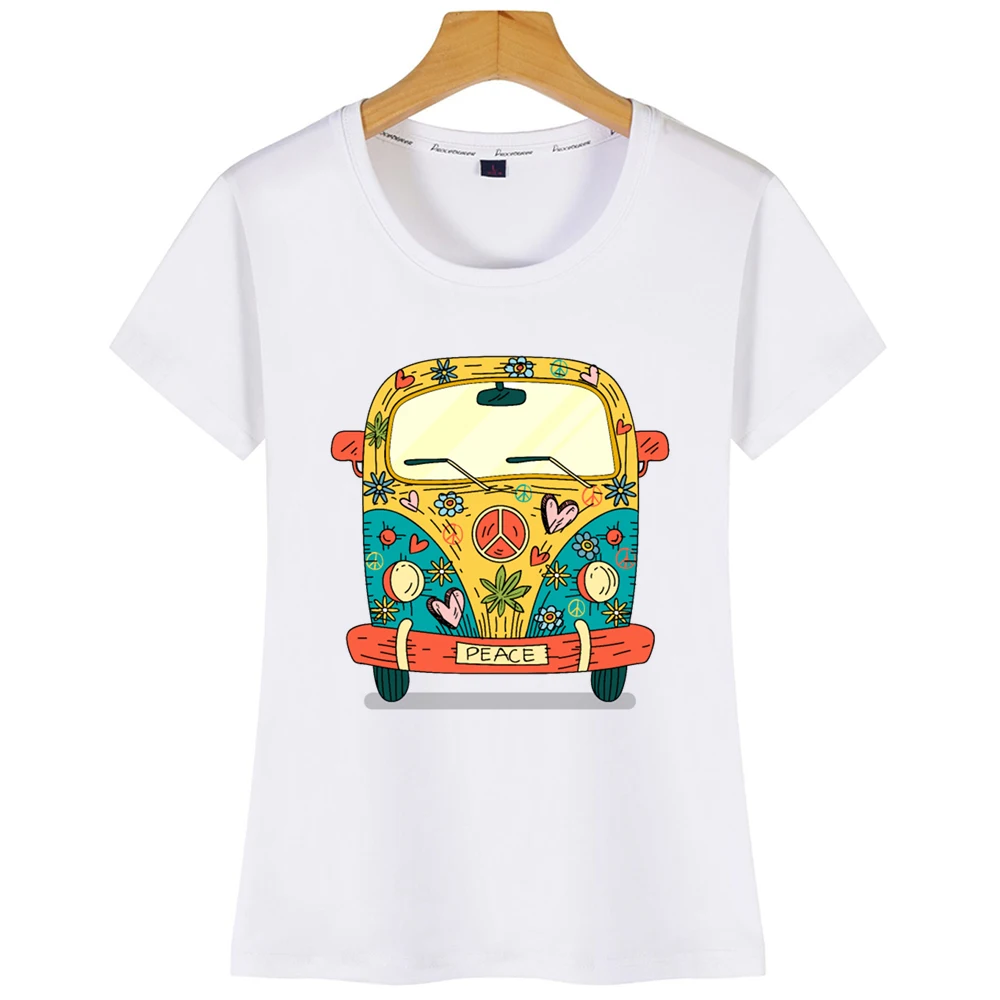 Топы футболка Женская хиппи цветок автобус мира забавная белая на заказ | одежда