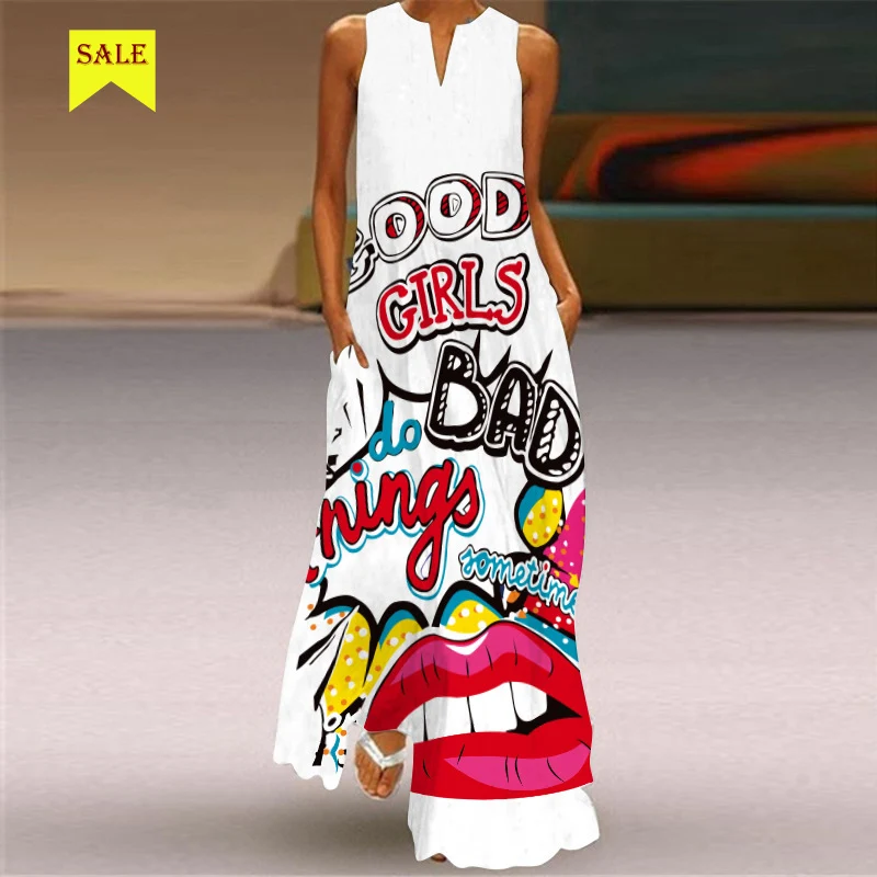 

MOVOKAKA 2021 White Long Dress Women Mouth Print Vintage Sleeveless Elegant Dress Casual Plus Size Vestidos Girls Dresses Summer