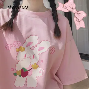 Женская футболка с коротким рукавом NYOOLO, розовая футболка с круглым вырезом и принтом кролика, лето 2020