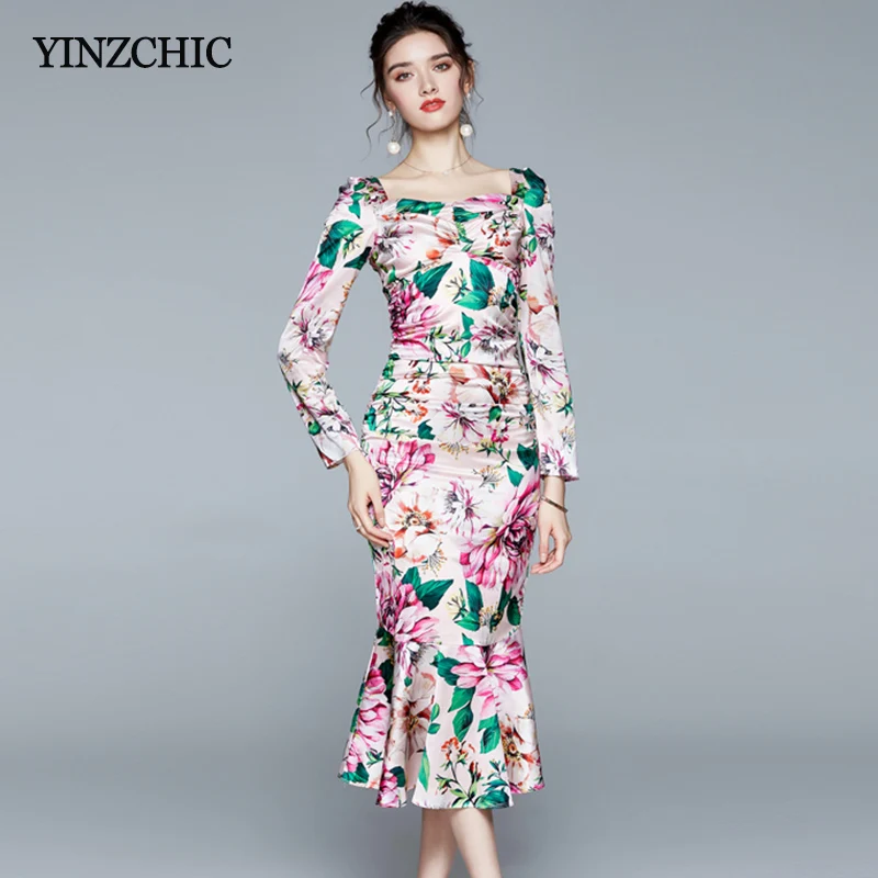 

Осеннее Новое Женское платье Русалочки с цветочным рисунком, с квадратным вырезом, женские вечерние юбки средней длины, атласное обтягиваю...