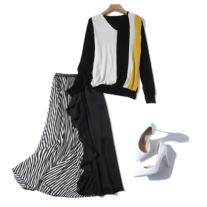 

Women's Set 2021 Spring Autumn Office Lady Long Sleeve V-Neck Loose Knitted Sweater + Patchwork Ruffles Striped Midi Skirt Suit