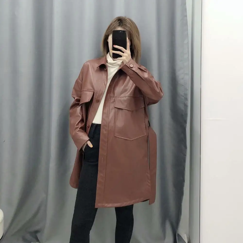 Женское элегантное платье рубашка из искусственной кожи 2019 модная женская