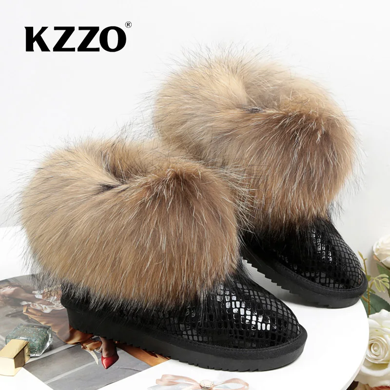 KZZO yüksek kaliteli gerçek tilki kürk kadın kar botları inek deri yarım çizmeler avustralya klasik moda kış sıcak ayakkabı su geçirmez