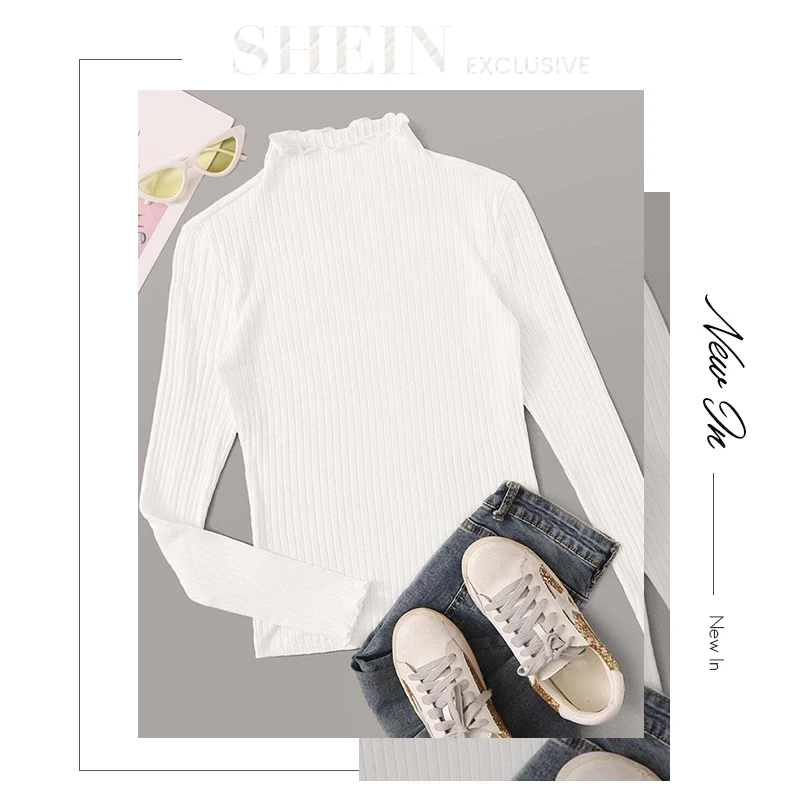 SHEIN, стоячий воротник, Однотонная футболка с отделкой салата, ребристая трикотажная футболка, женские футболки, осень, длинный рукав, элегантная Офисная Женская футболка
