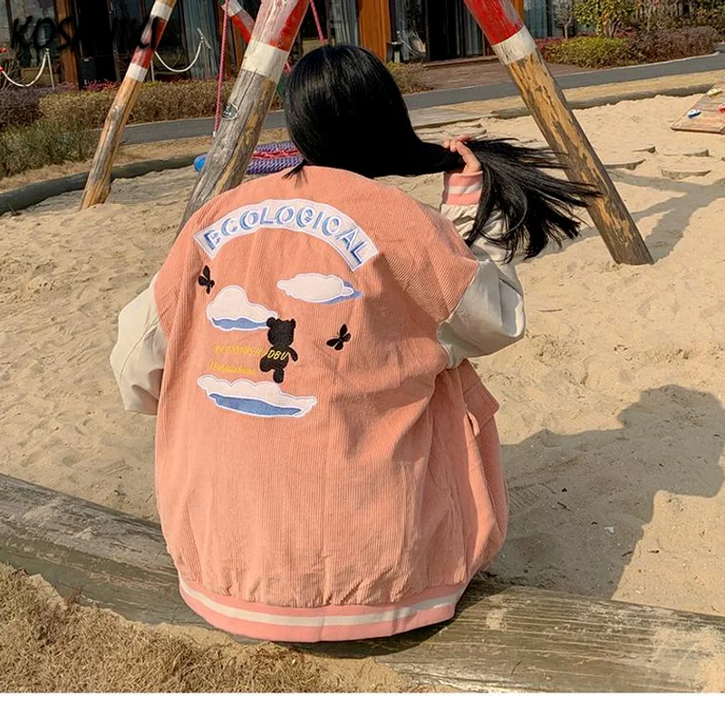 

KOSAHIKI 2021 New Baseball Jacket Jacket Female Ins Cartoon Loose Printing Couple Thin Jacket Women Harajuku Coat Chaqueta Mujer