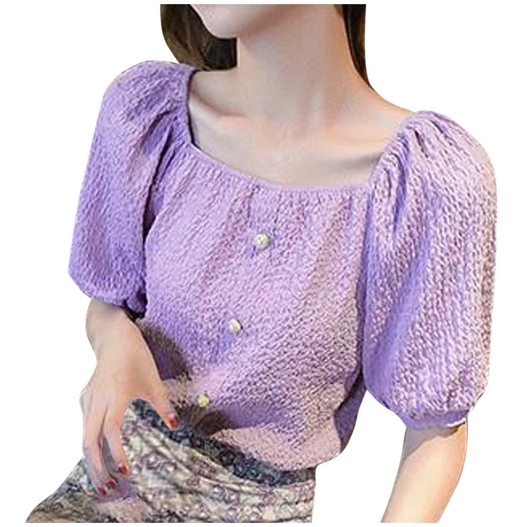 Женские летние футболки модные однотонные с пышными короткими рукавами и