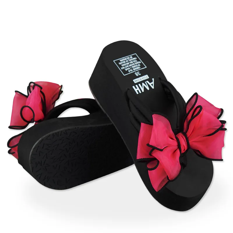 

2020 Women Sweet Bow Flip Flops Handmade Flower High Heels Sandals Women's Thick Bottomed Slippers Summer Wedge Beach Sandals