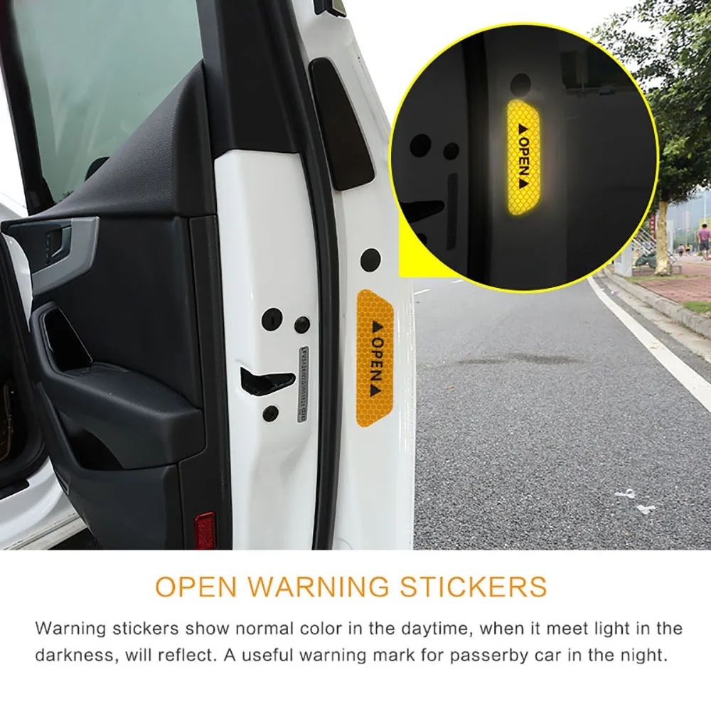 

4pcs Car door safety anti-collision warning reflective stickers OPEN stickers long-distance reflective paper decorative stickers