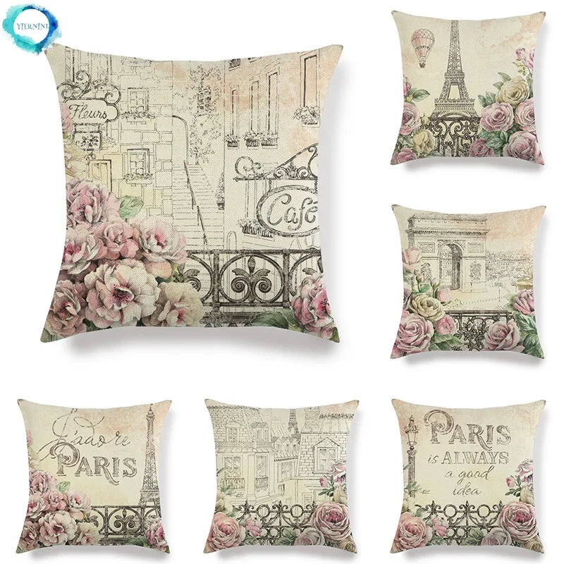 

English Word ParisTower Flower Butterfly City Landscape Print Decorative Pillowcase Cotton Linen Sofa Cushion Cover 45x45cm