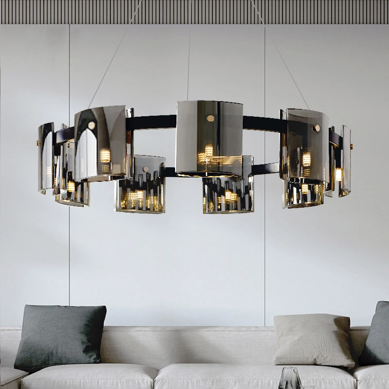 

Led Modern Grey Or Amber Glass Ceiling Chandelier Round Hanging Light Fixture Vintage Lustre Long Lampen For Living Dining Room
