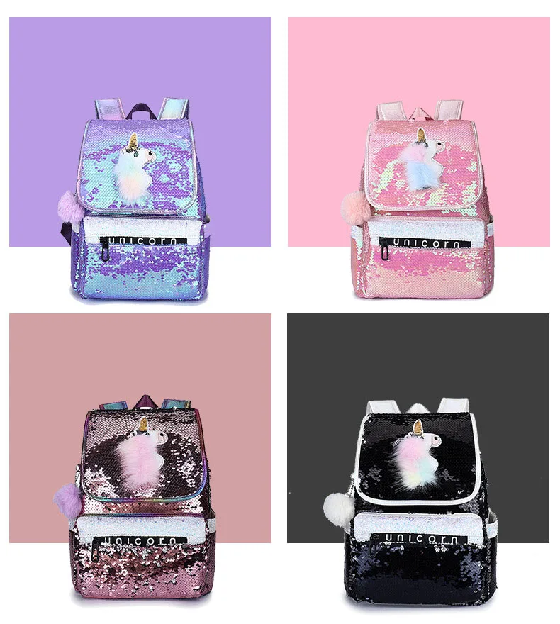 Girls Sequins Unicorn Backpack  Children's School Bags Backpack Large Kawaii Schoolbags Kids Back Pack Mochila Christmas Gifts