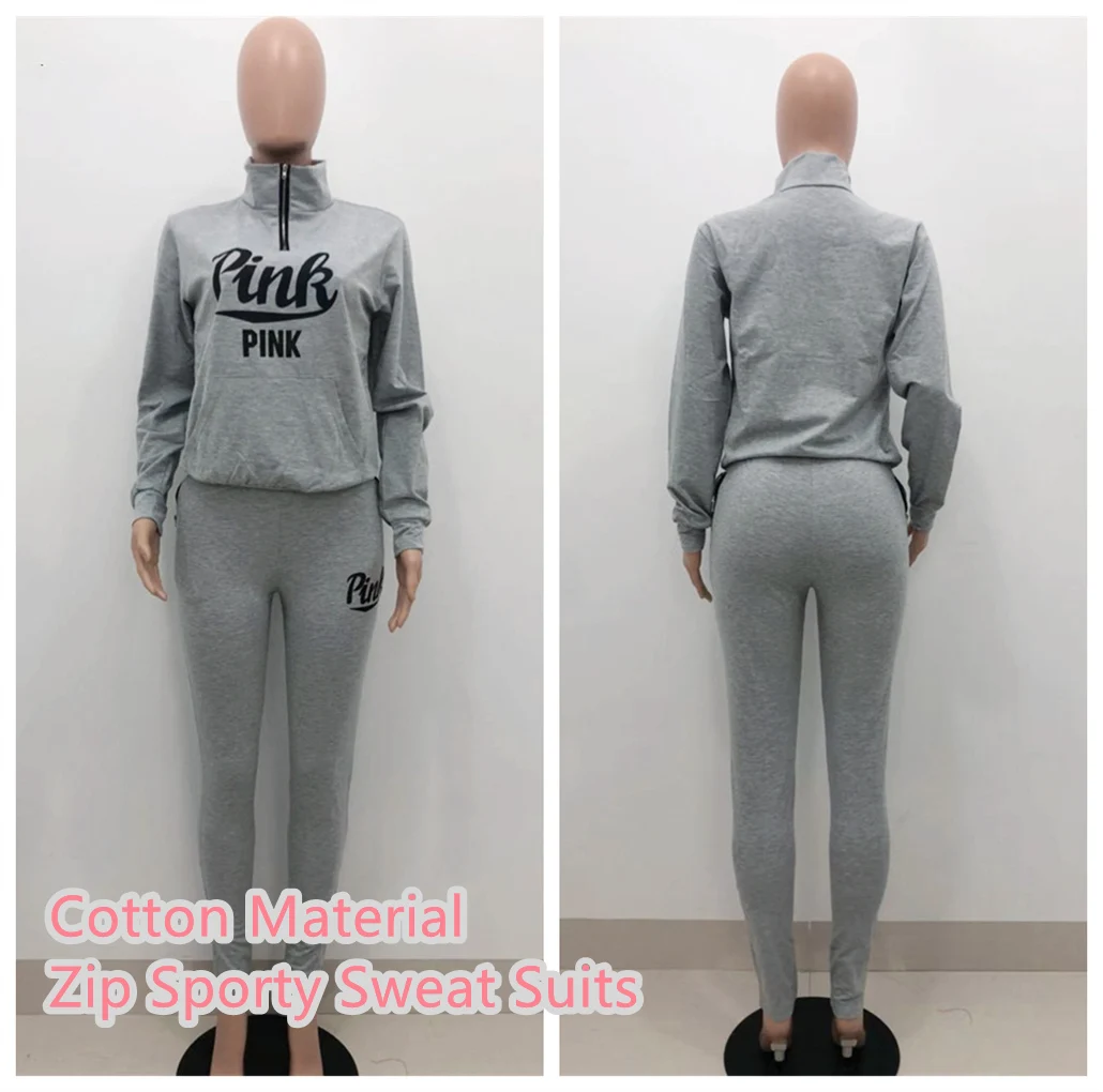 fall winter tracksuits two piece set pink letter print solid casual outfits zip sweatshirt pockets pants set women sweat suit free global shipping