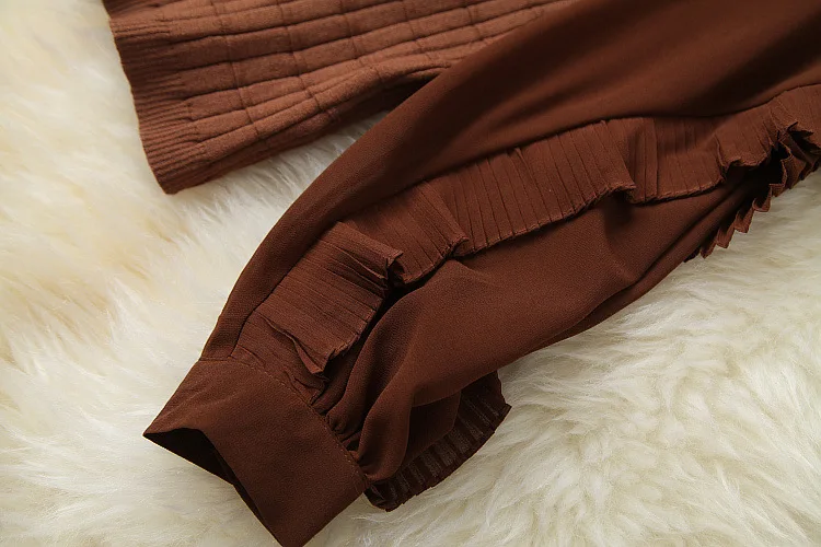 

European and American women's wear 2020 winter new style Lantern sleeve stitched knit sweater Plaid skirt Fashion suits