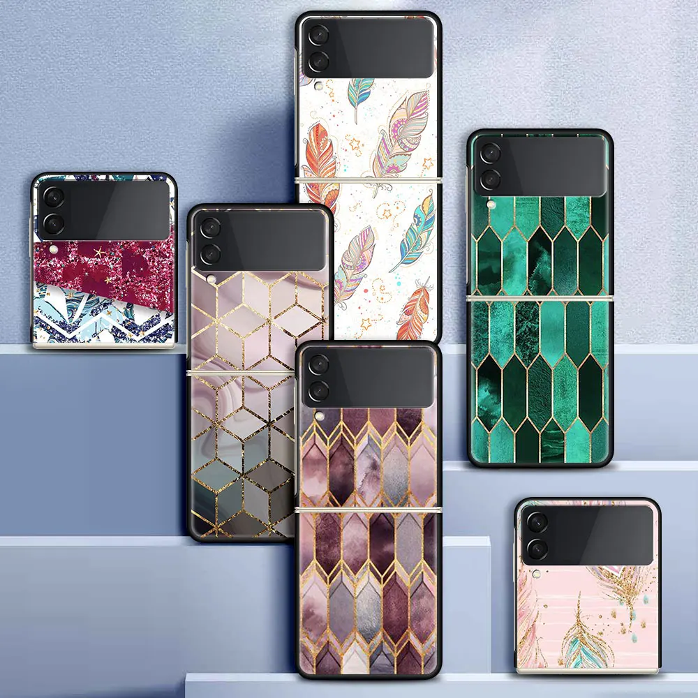 

Case For Samsung Galaxy Z Flip 3 5G Black Hard PC Phone Housing Z flip3 Luxury Segmented Cover Luxury Gold Foil Art