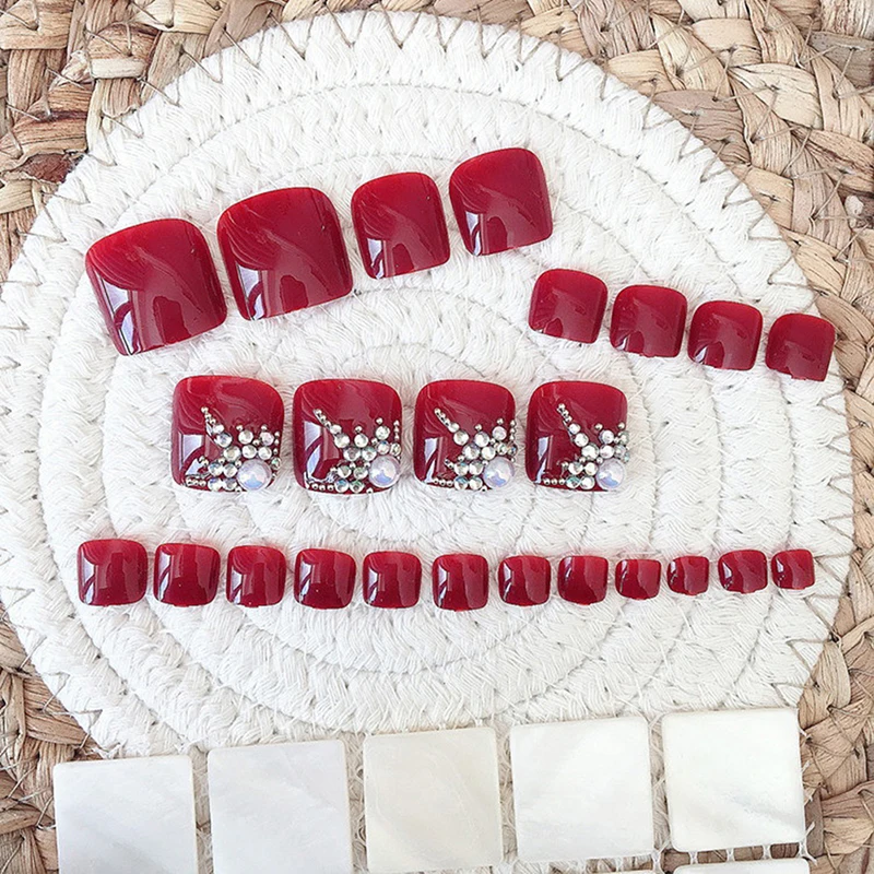 24 шт. искусственные ногти серебристо красные стразы с клеем Летние красивые