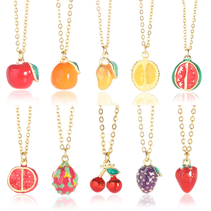 Cute Cherry Fruit Necklace Apple Orange Durian Mango Pomegranate Pitaya Watermelon Grape Strawberry Necklace For Women Jewelry images - 6