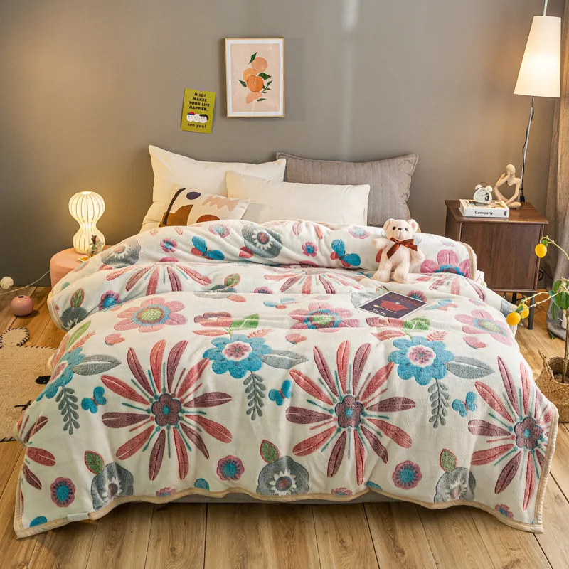 

Winter Thickened Snowflake Fleece Blanket Warm Flannel Gift Coral Fleece Blanket Floral Pattern Blue Blankets for Bed-180*200CM