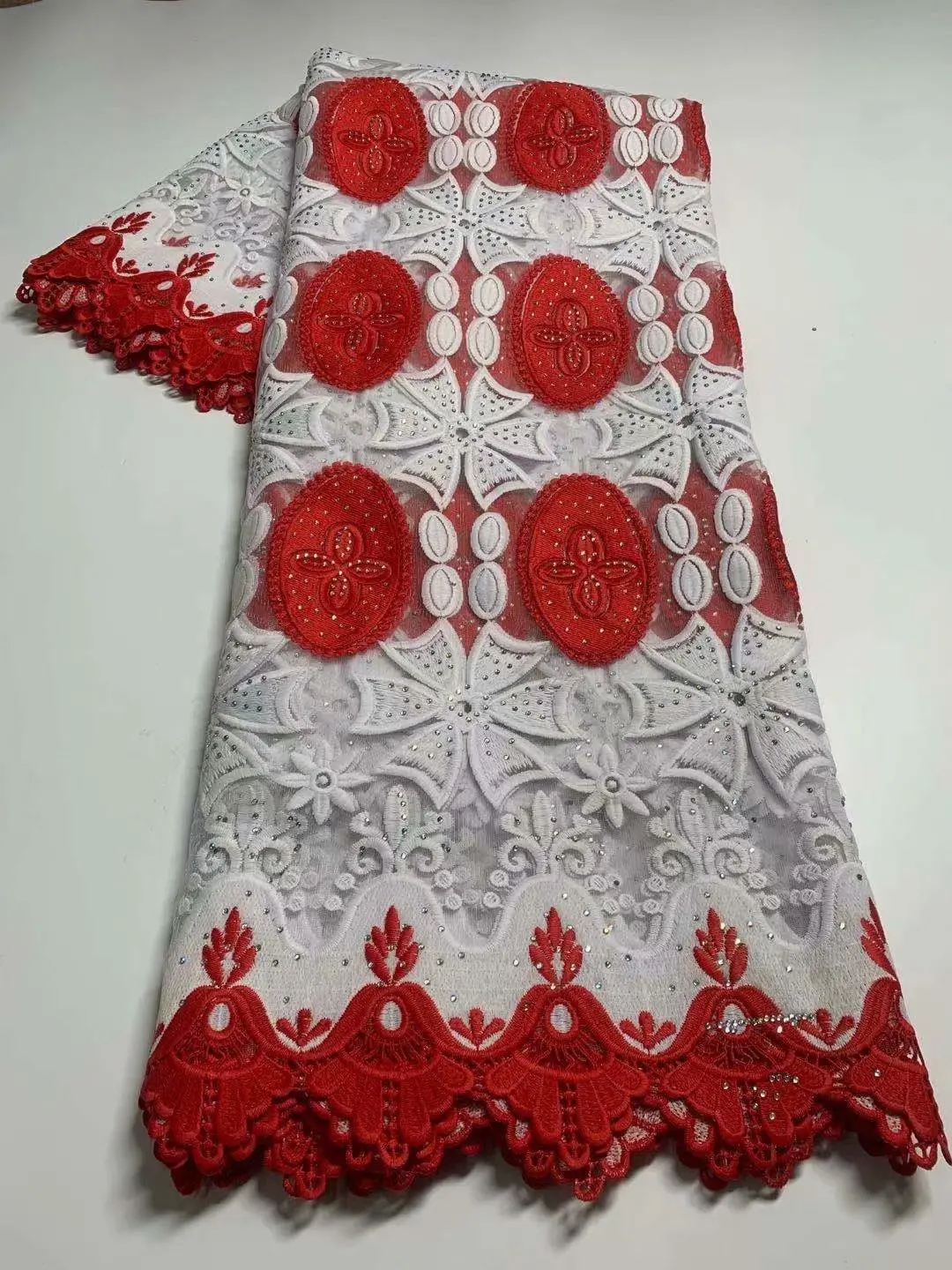 

Nigerian African Tulle Lace Cord Border Fabric Dress Material with Rhinestones Garment For Bridal Sewing Designs
