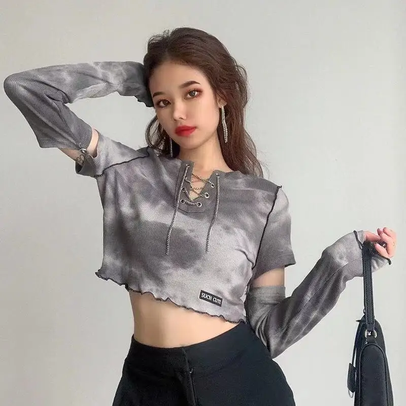

2021 European and American women's personality tie dye letter printing chain short T-shirt slim fashion street beat Dance Top